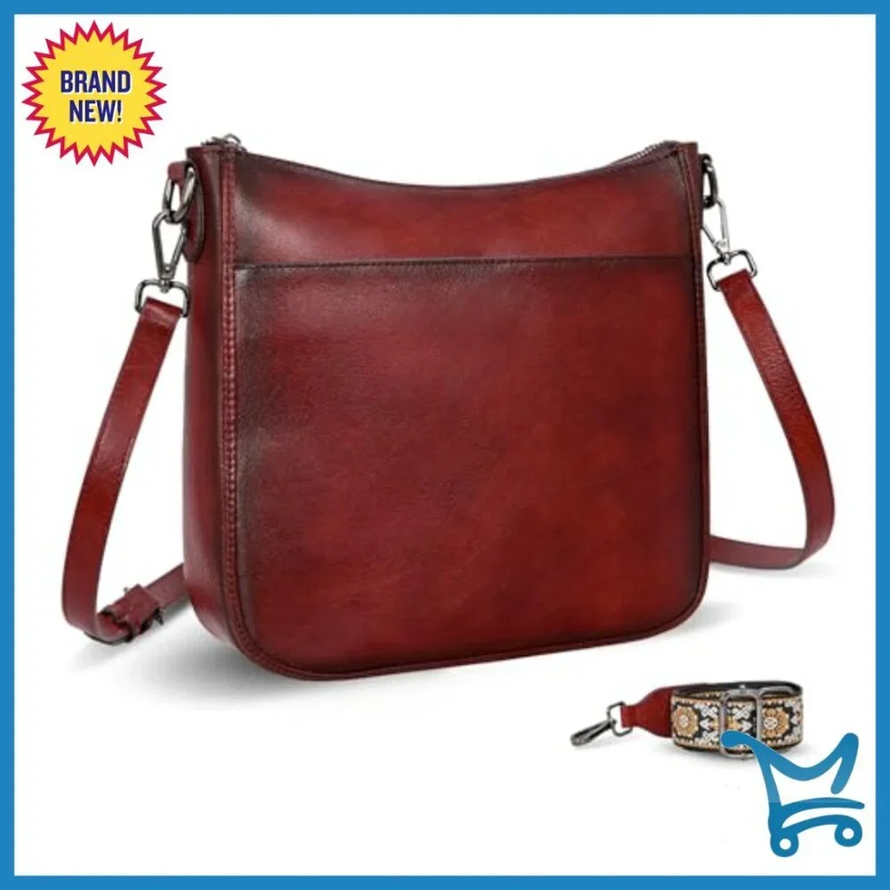 Genuine Leather Crossbody Bag with Guitar Strap, Multi-Pocket Hobo Purse